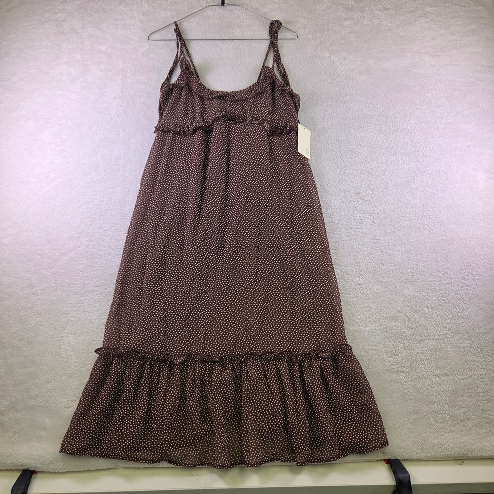 Pie In The Sky Brown Heart Print Ruffle Midi Dress Medium Smocked Back Tie Strap